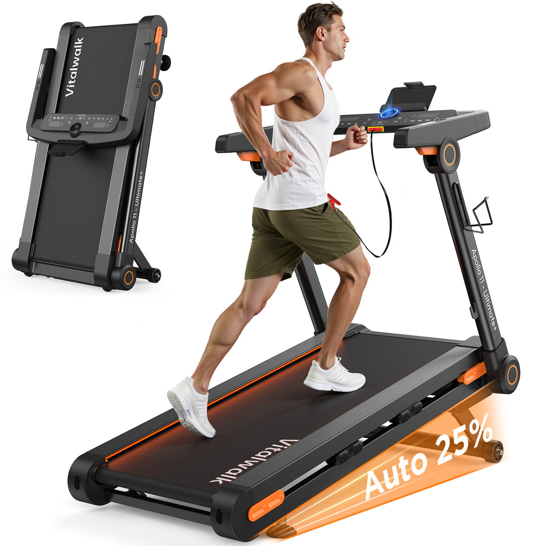 Apollo-11 Ultimate+ treadmill with 25% automatic incline and upright storage